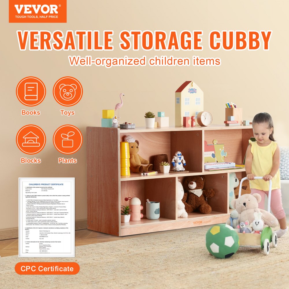 VEVOR Cubby Mobile Tray Storage Cabinet, 5-Compartment Cubby Storage Shelf, Cubby Storage Cabinet 2-shelf, Classroom