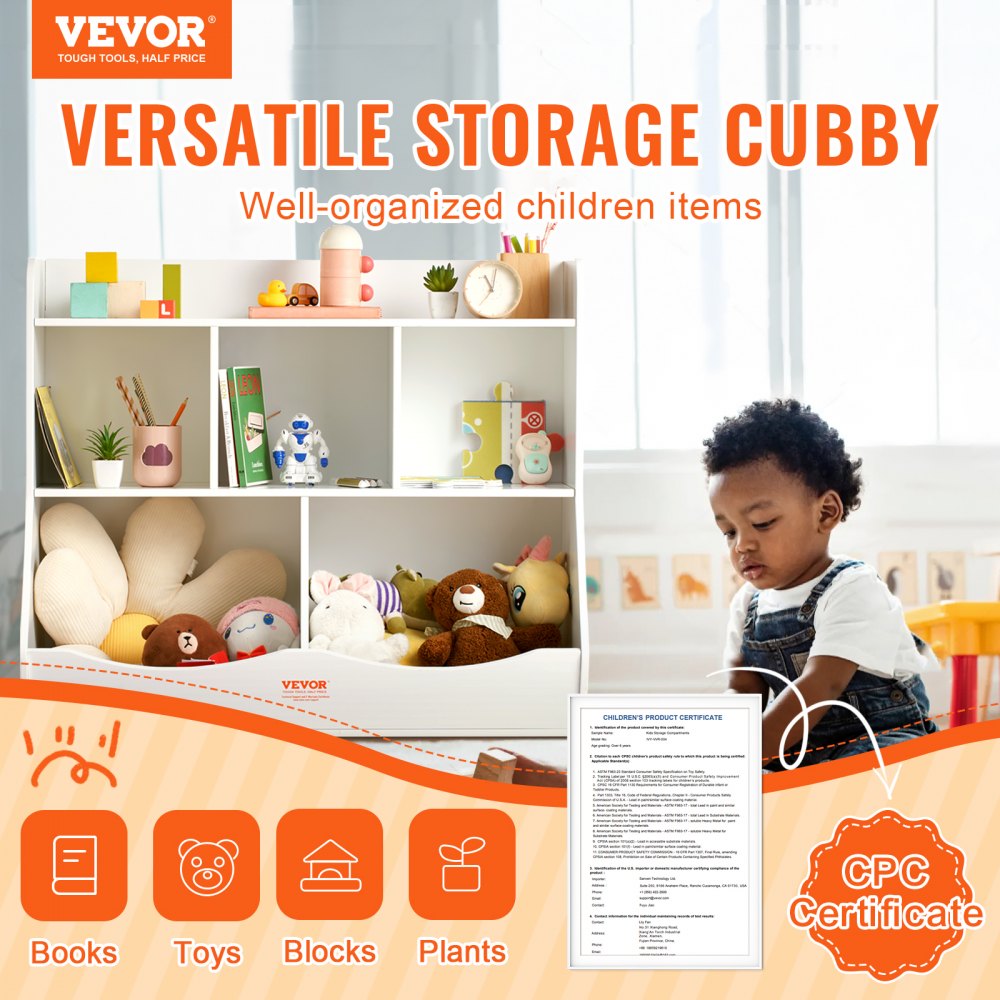 VEVOR Wood Kid Storage Cubby, Toy Storage Organizer with Bookshelf, 5-Cubby Wood Toy Storage Cabinet, Children Book Toy