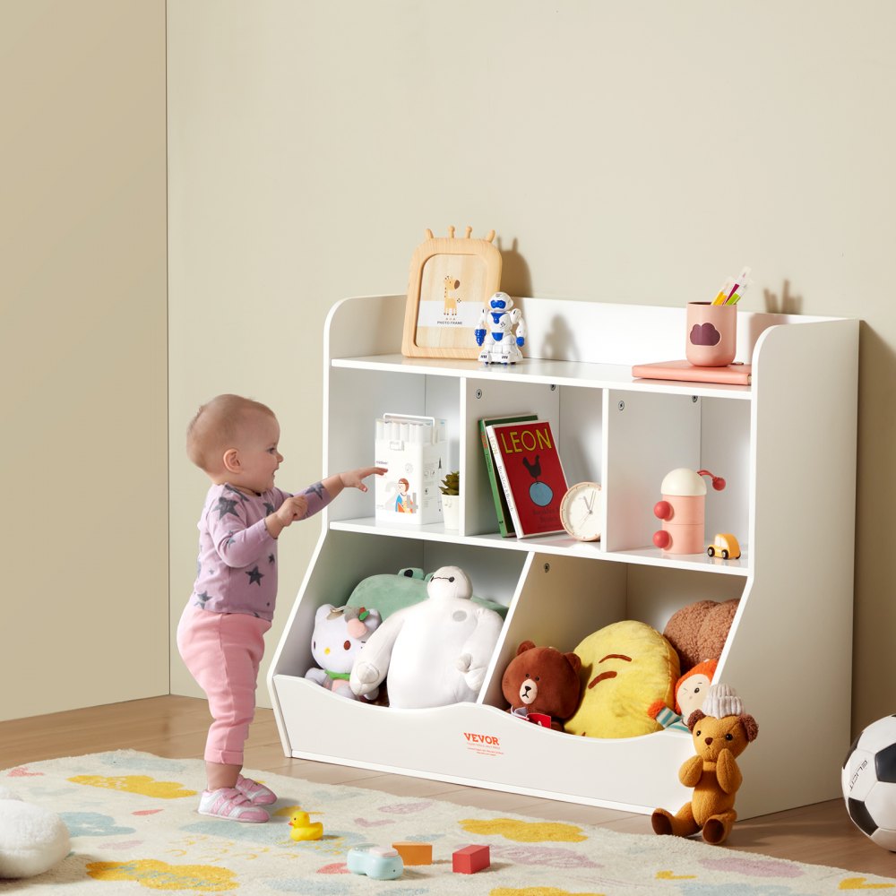 VEVOR Wood Kid Storage Cubby, Toy Storage Organizer with Bookshelf, 5-Cubby Wood Toy Storage Cabinet, Children Book Toy