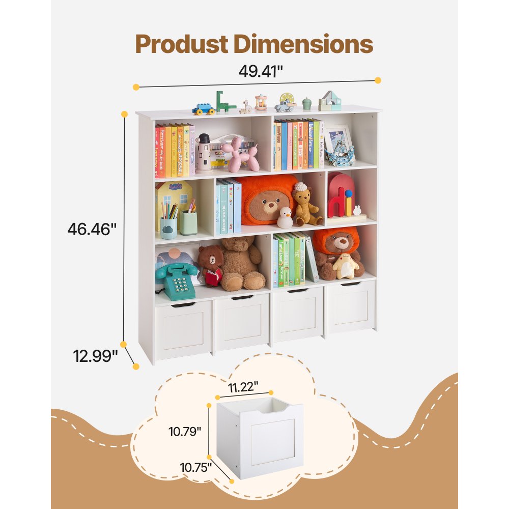 VEVOR Toy Storage Organizer, Wooden Kids Bookshelf with Storage, Toy Storage Cabinet with 4 Mobile Drawers, Kids