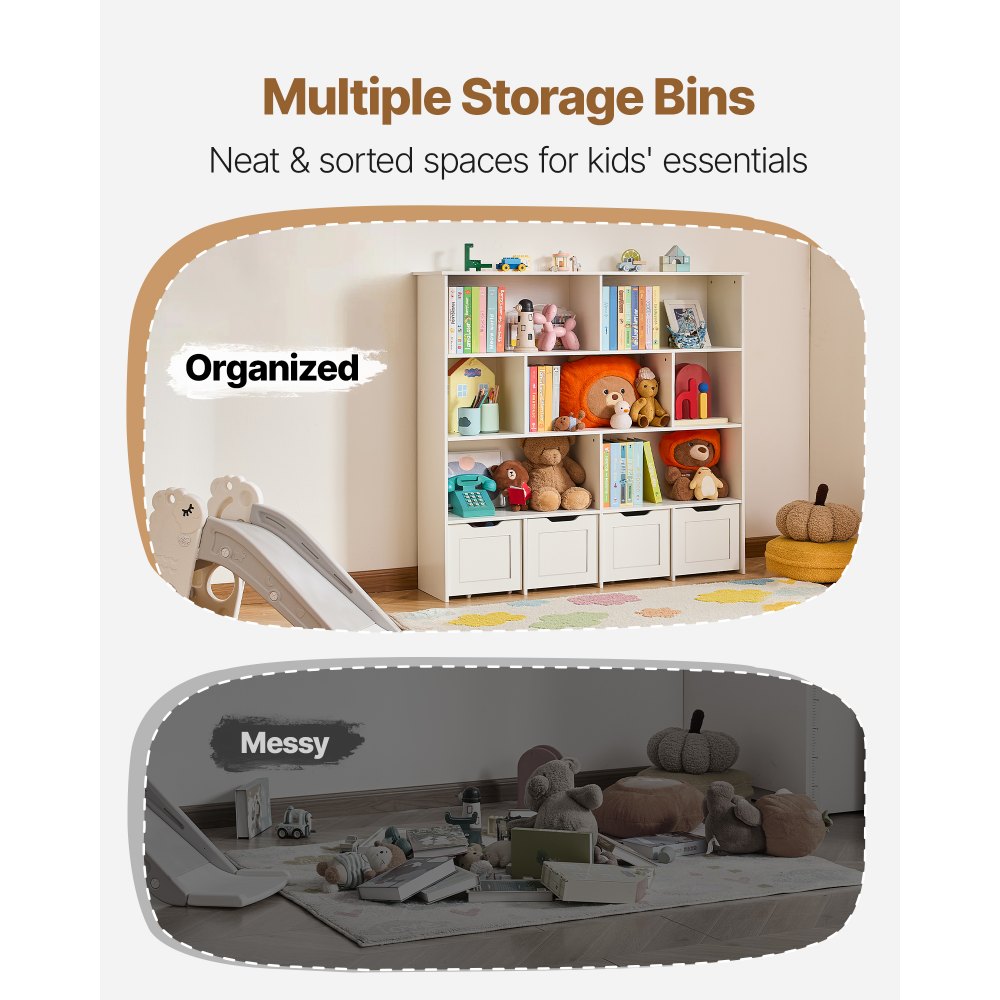 VEVOR Toy Storage Organizer, Wooden Kids Bookshelf with Storage, Toy Storage Cabinet with 4 Mobile Drawers, Kids