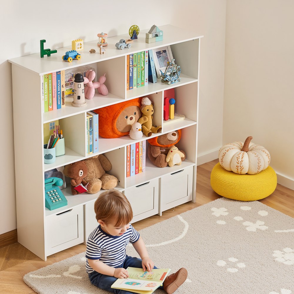 VEVOR Toy Storage Organizer, Wooden Kids Bookshelf with Storage, Toy Storage Cabinet with 4 Mobile Drawers, Kids