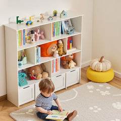 VEVOR Toy Storage Organizer, Wooden Kids Bookshelf with Storage, Toy Storage Cabinet with 4 Mobile Drawers, Kids