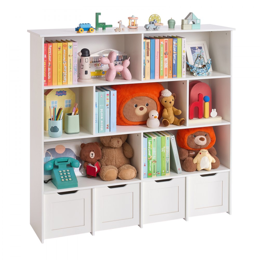 VEVOR Toy Storage Organizer, Wooden Kids Bookshelf with Storage, Toy Storage Cabinet with 4 Mobile Drawers, Kids