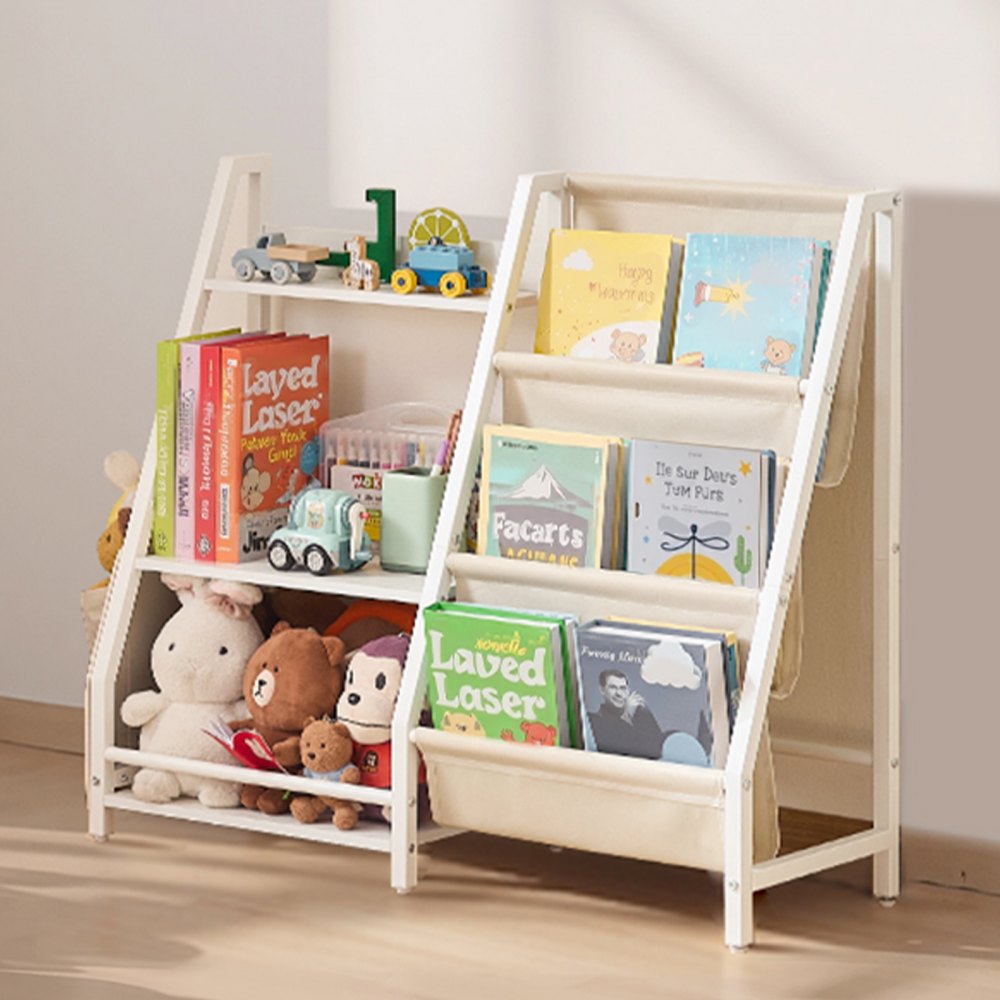 VEVOR 3-Tier Kids Bookshelf, Toy Storage Organizer for Toddler, Book Shelf for Kids Rooms with Sling Book Rack and
