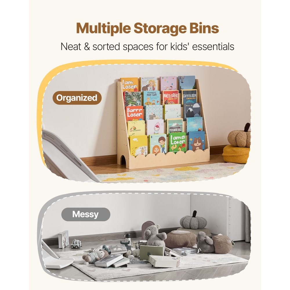 VEVOR Montessori Bookshelf, 5-Tier Scalloped Kids Bookshelf, Front Facing Toddler Bookcase, Dual Hooks for Hanging