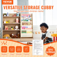 VEVOR 4-Tier Kids Wooden Bookshelf, Six-Layer Sling Bookcase, Baby Storage Book Rack, Book Toy Organizer Cabinet, for