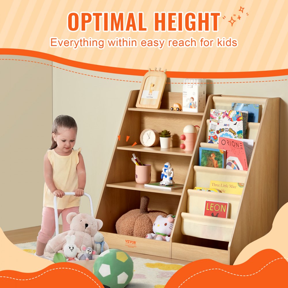 VEVOR 4-Tier Kids Wooden Bookshelf, Six-Layer Sling Bookcase, Baby Storage Book Rack, Book Toy Organizer Cabinet, for