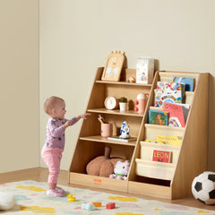 VEVOR 4-Tier Kids Wooden Bookshelf, Six-Layer Sling Bookcase, Baby Storage Book Rack, Book Toy Organizer Cabinet, for