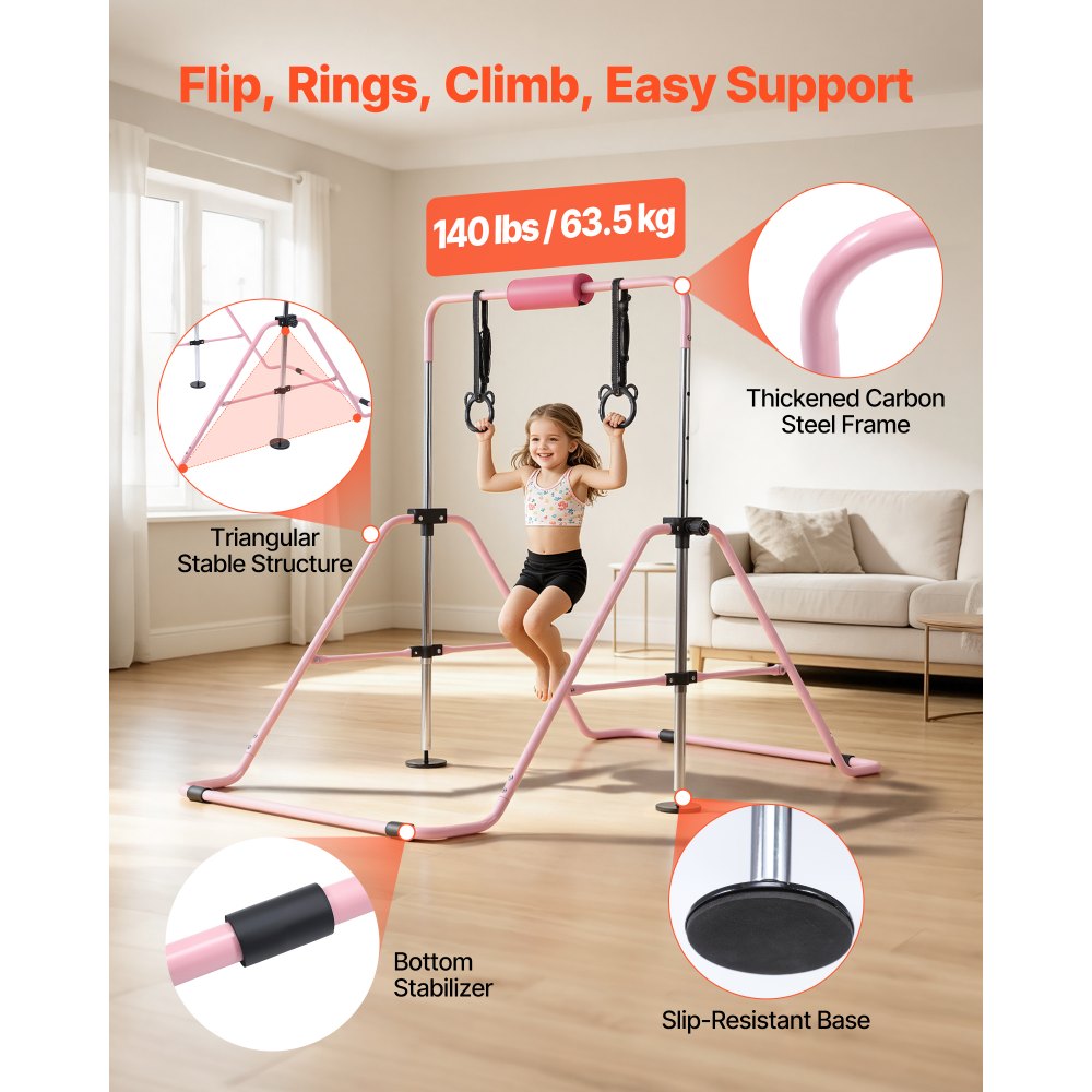 VEVOR Gymnastic Bars for Kids, 140 lbs Capacity Folding Training Kip Bar, Adjustable Height Gymnastic Horizontal Bar