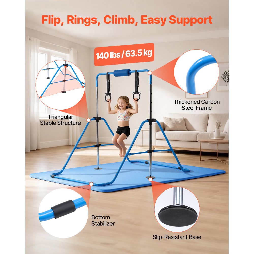 VEVOR Gymnastic Bars for Kids, 140 lbs Capacity Folding Training Kip Bar with Mat, Adjustable Height Gymnastic