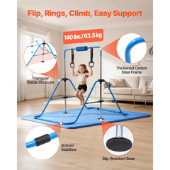VEVOR Gymnastic Bars for Kids, 140 lbs Capacity Folding Training Kip Bar with Mat, Adjustable Height Gymnastic