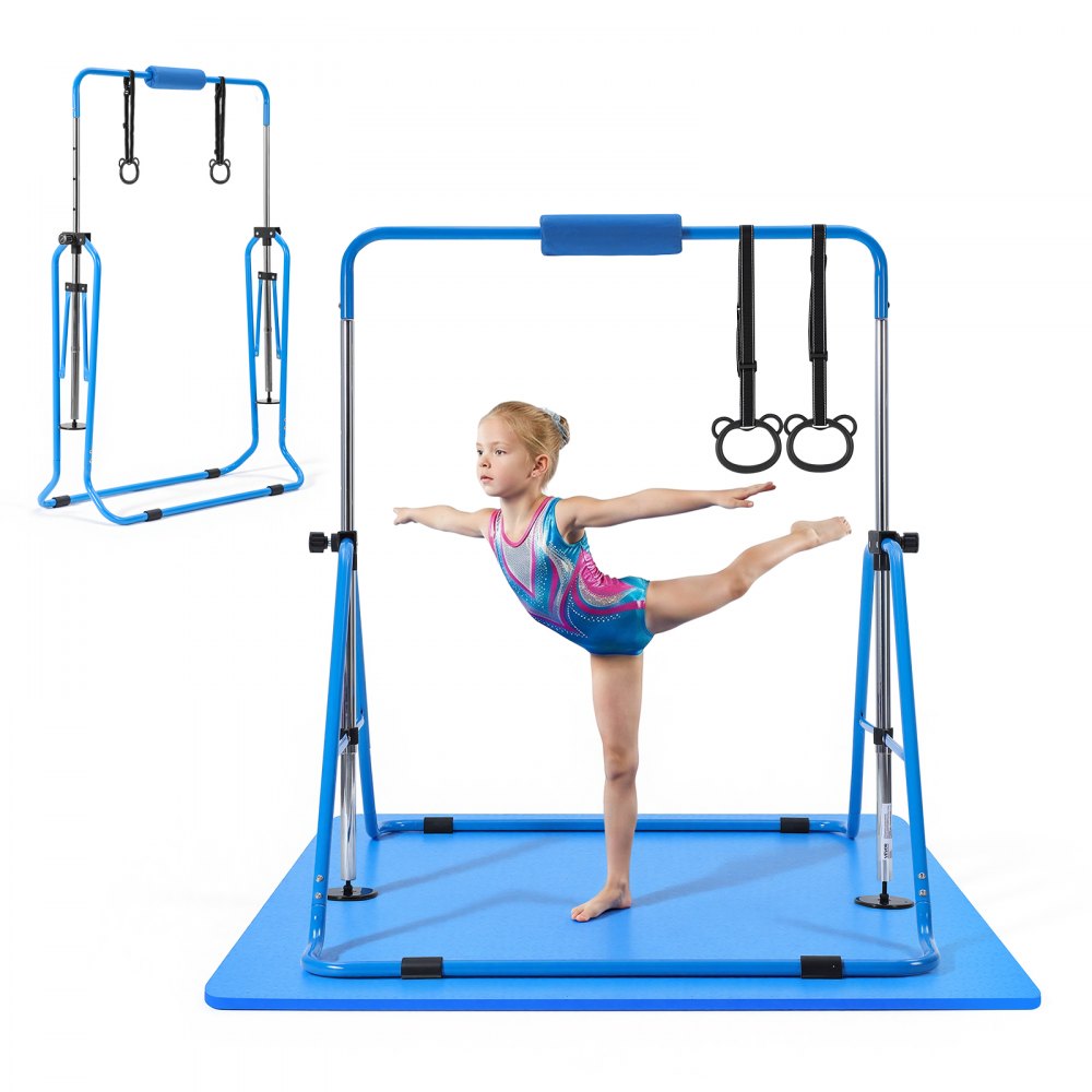 VEVOR Gymnastic Bars for Kids, 140 lbs Capacity Folding Training Kip Bar with Mat, Adjustable Height Gymnastic