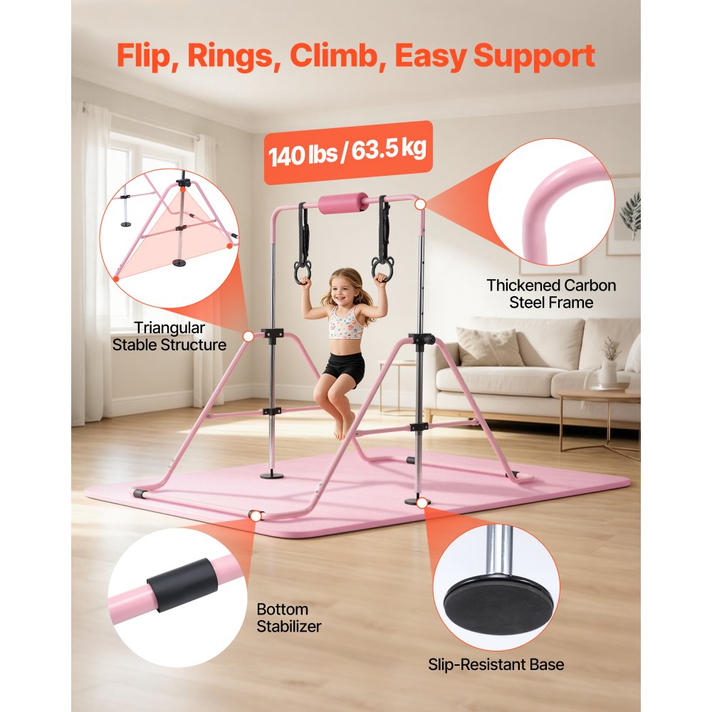VEVOR Gymnastic Bars for Kids, 140 lbs Capacity Folding Training Kip Bar with Mat, Adjustable Height Gymnastic