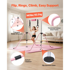 VEVOR Gymnastic Bars for Kids, 140 lbs Capacity Folding Training Kip Bar with Mat, Adjustable Height Gymnastic