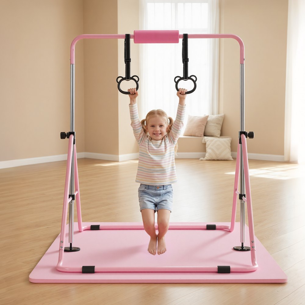 VEVOR Gymnastic Bars for Kids, 140 lbs Capacity Folding Training Kip Bar with Mat, Adjustable Height Gymnastic