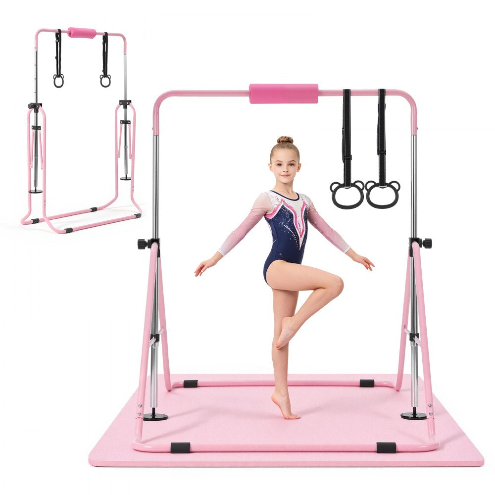 VEVOR Gymnastic Bars for Kids, 140 lbs Capacity Folding Training Kip Bar with Mat, Adjustable Height Gymnastic