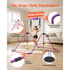 VEVOR Gymnastic Bars for Kids, 140 lbs Capacity Folding Training Kip Bar, Adjustable Height Gymnastic Horizontal Bar
