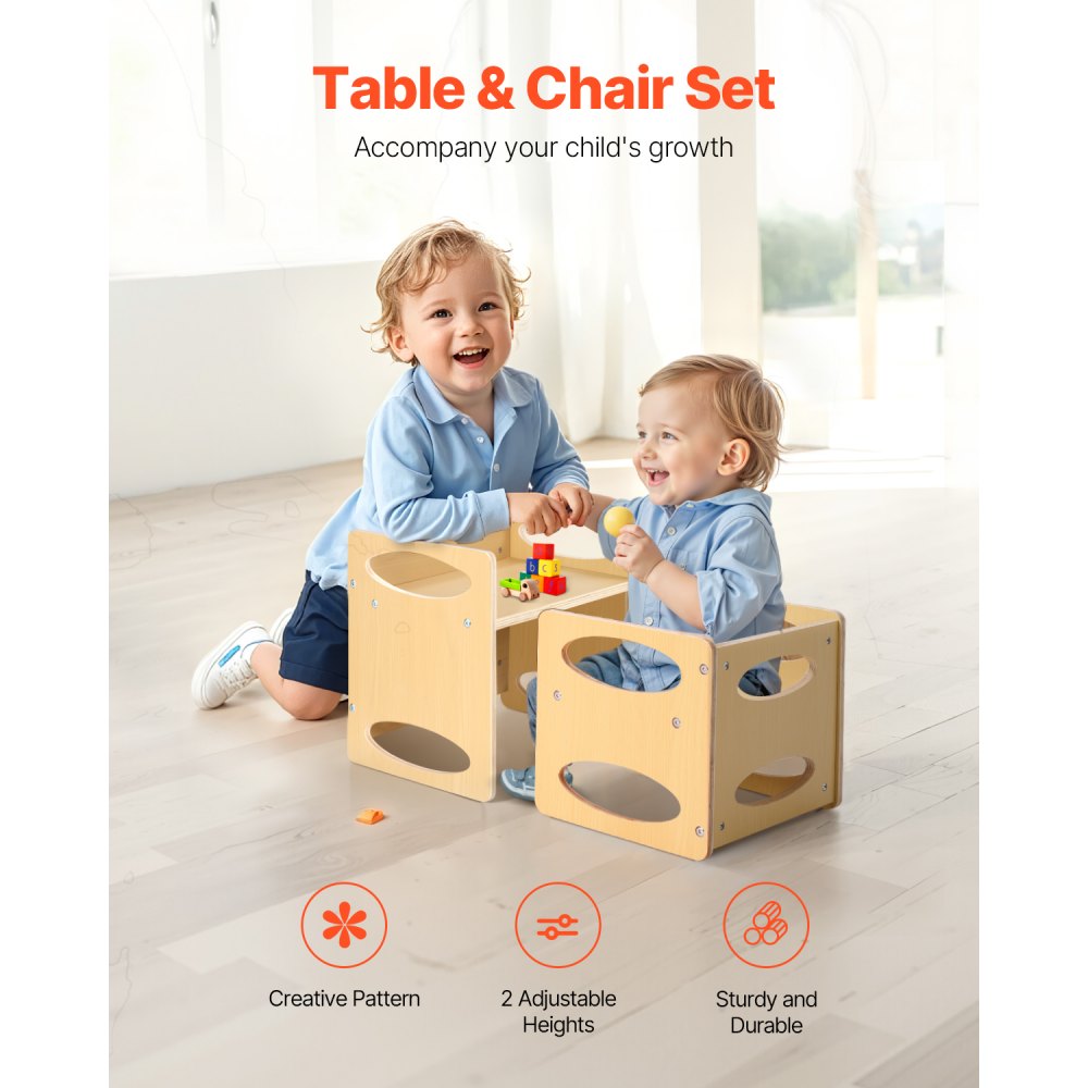 VEVOR Montessori Weaning Table and Chair Set, Wooden Toddler Table and Chair Set for Aged 1-5, Adjustable Height Kids