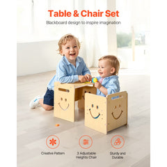 VEVOR Montessori Weaning Table and Chair Set, 3 In 1 Wooden Toddler Table and Chairs with Chalkboard, Adjustable Height
