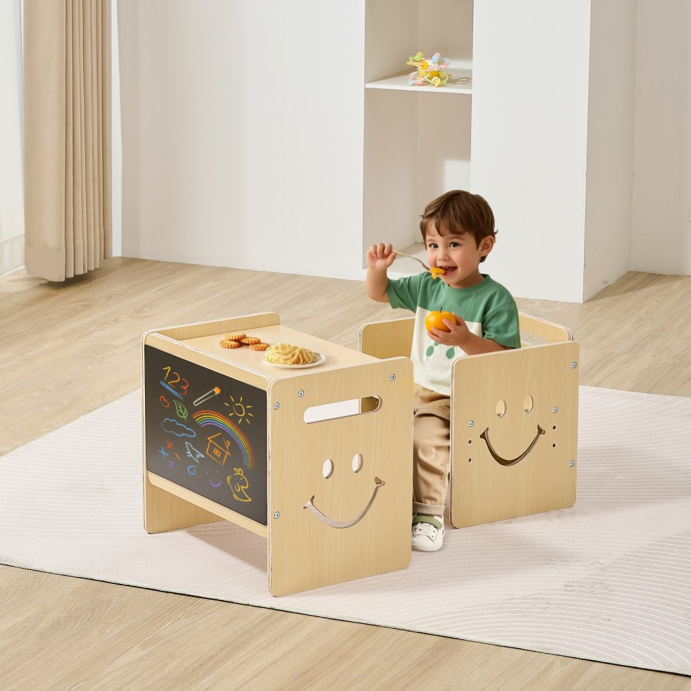 VEVOR Montessori Weaning Table and Chair Set, 3 In 1 Wooden Toddler Table and Chairs with Chalkboard, Adjustable Height