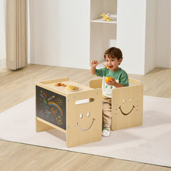 VEVOR Montessori Weaning Table and Chair Set, 3 In 1 Wooden Toddler Table and Chairs with Chalkboard, Adjustable Height