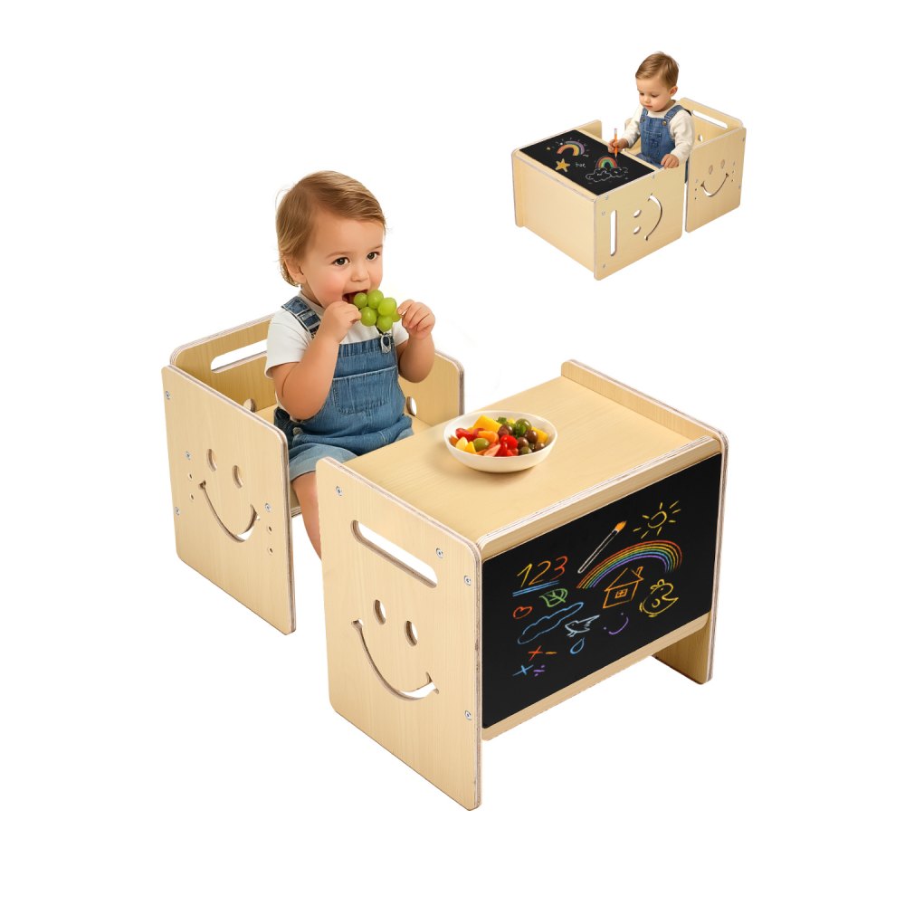 VEVOR Montessori Weaning Table and Chair Set, 3 In 1 Wooden Toddler Table and Chairs with Chalkboard, Adjustable Height