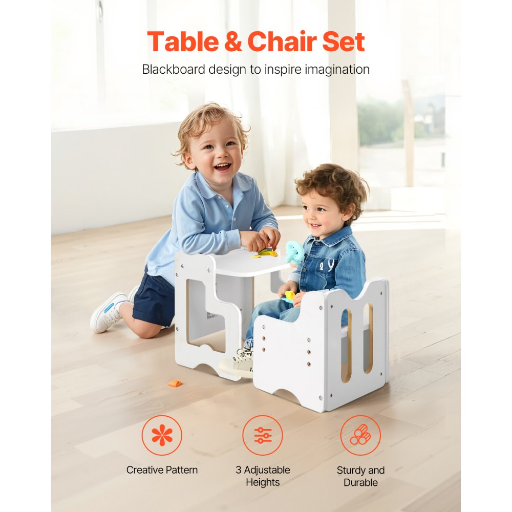 VEVOR Montessori Weaning Table and Chair Set, 3 In 1 Wooden Toddler Table and Chairs with Chalkboard, Adjustable Height