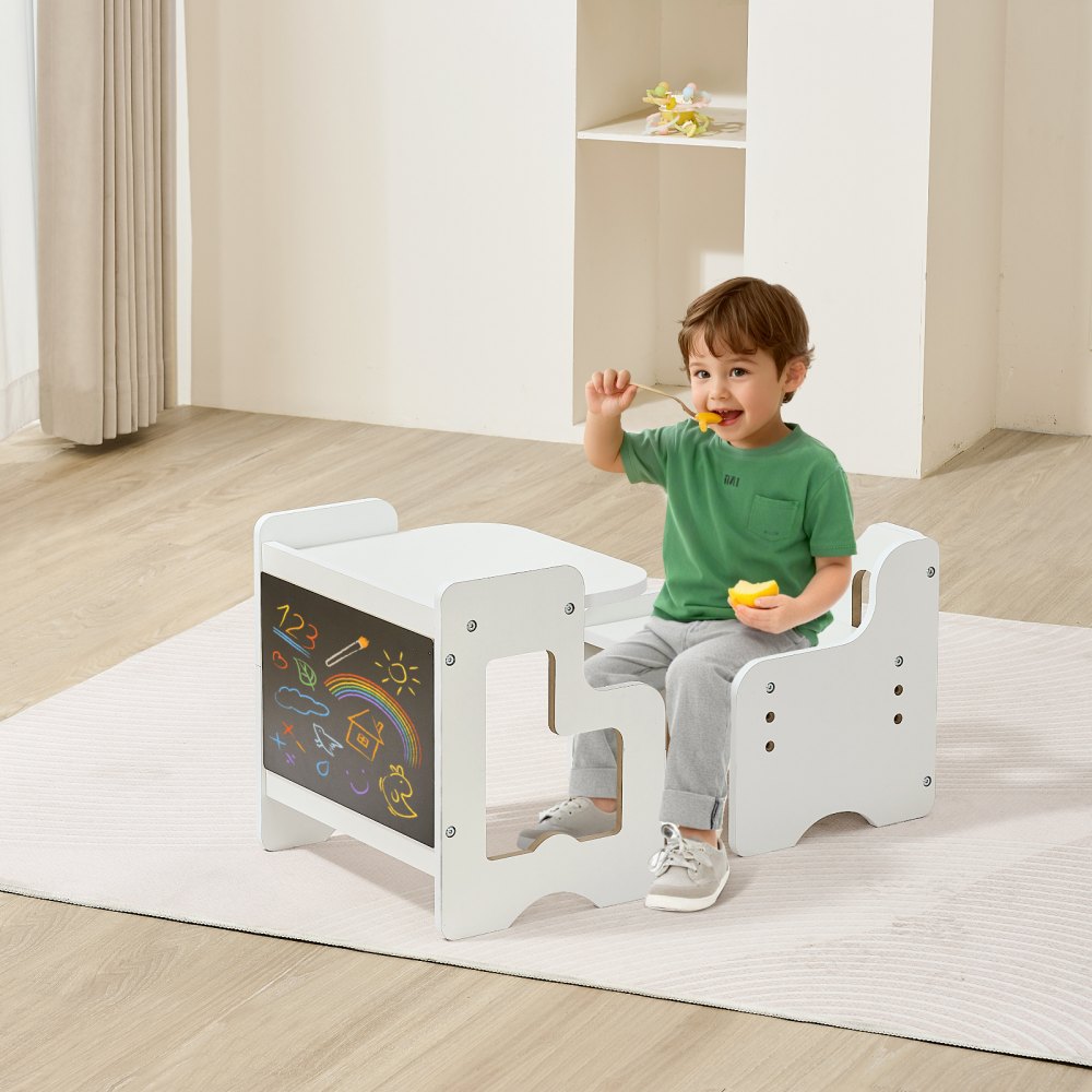 VEVOR Montessori Weaning Table and Chair Set, 3 In 1 Wooden Toddler Table and Chairs with Chalkboard, Adjustable Height