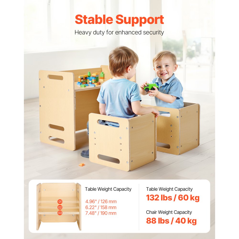 VEVOR Montessori Weaning Table and Chair Set, Wooden Toddler Table and Chair Set with 2 Chairs, Adjustable Height