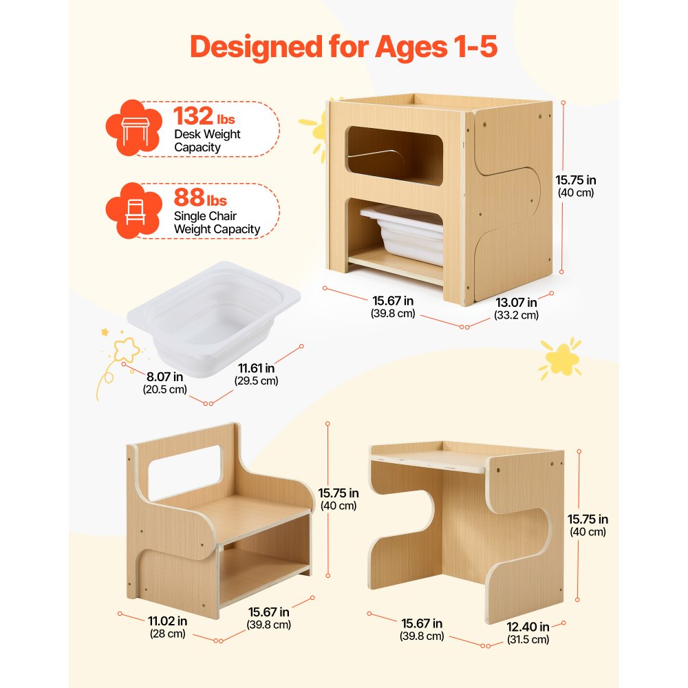 VEVOR Montessori Weaning Table and Chair Set, Wooden, Kids Table and Chair Set for Toddlers 1-5, Step Stool with