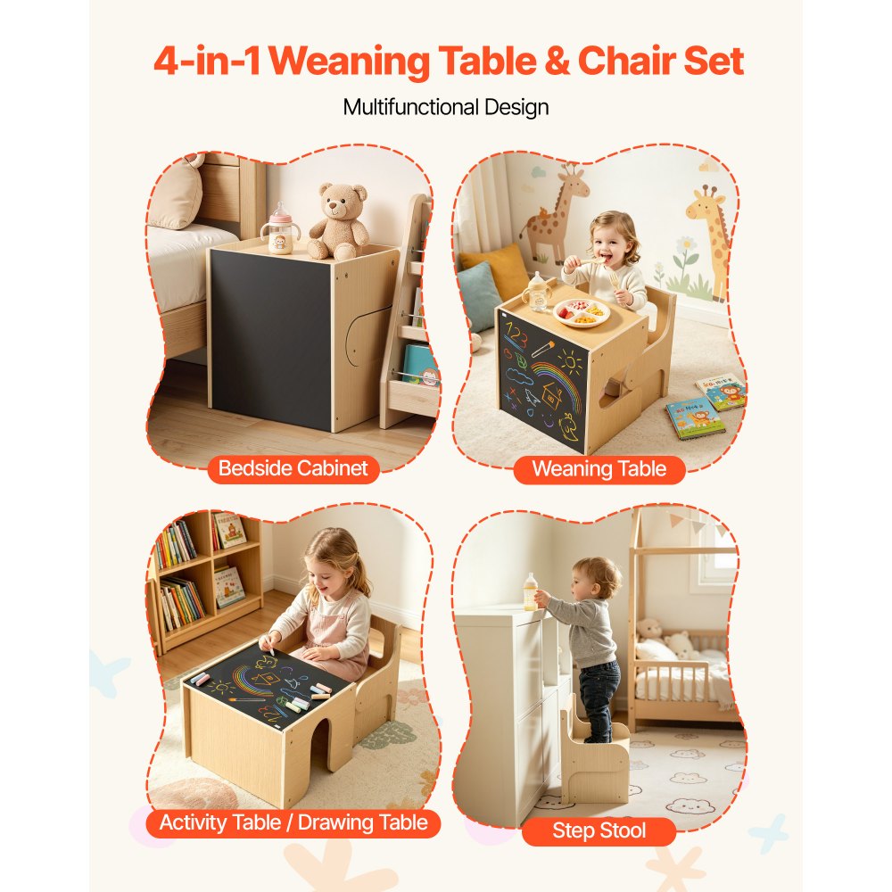 VEVOR Montessori Weaning Table and Chair Set, Wooden, Kids Table and Chair Set for Toddlers 1-5, Step Stool with