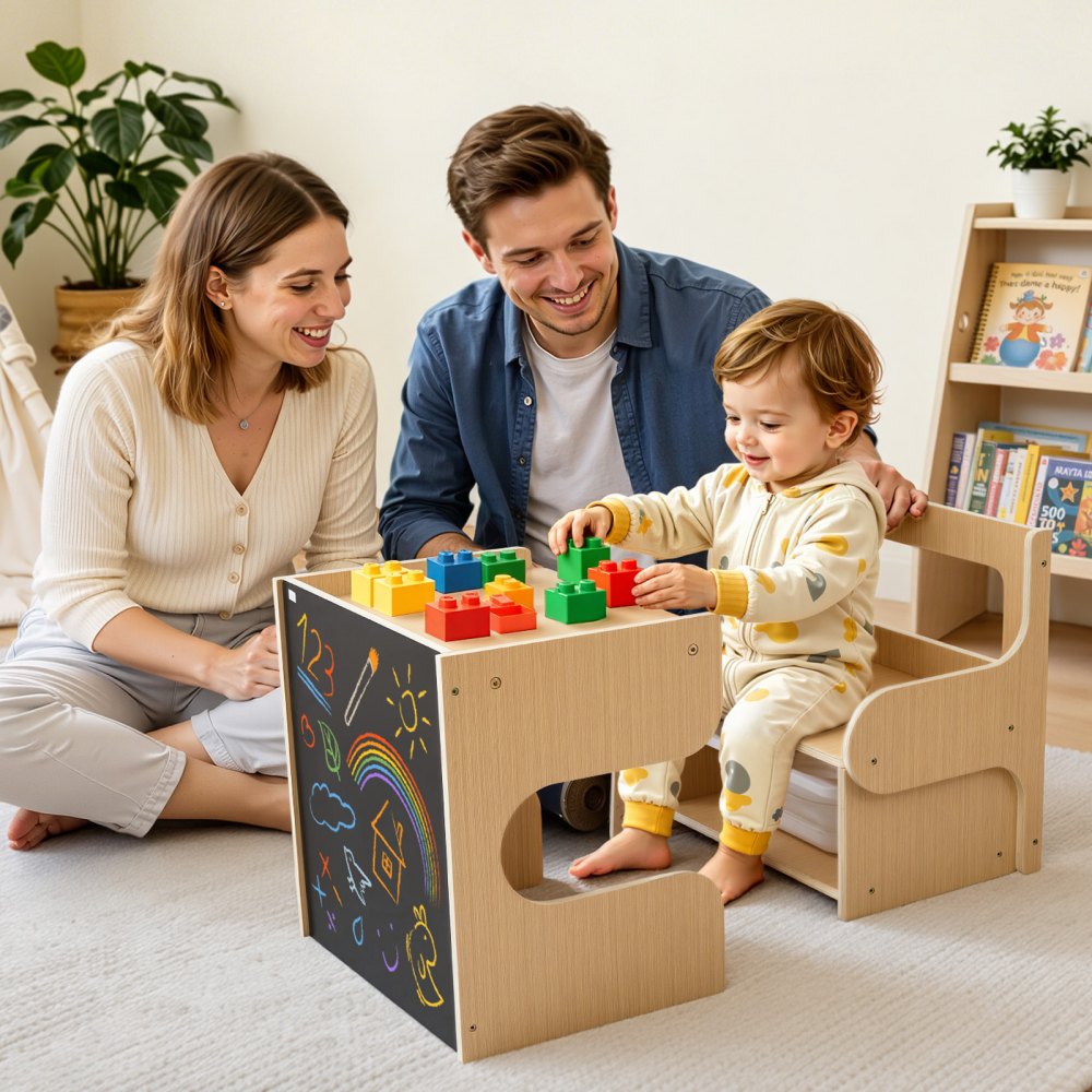 VEVOR Montessori Weaning Table and Chair Set, Wooden, Kids Table and Chair Set for Toddlers 1-5, Step Stool with