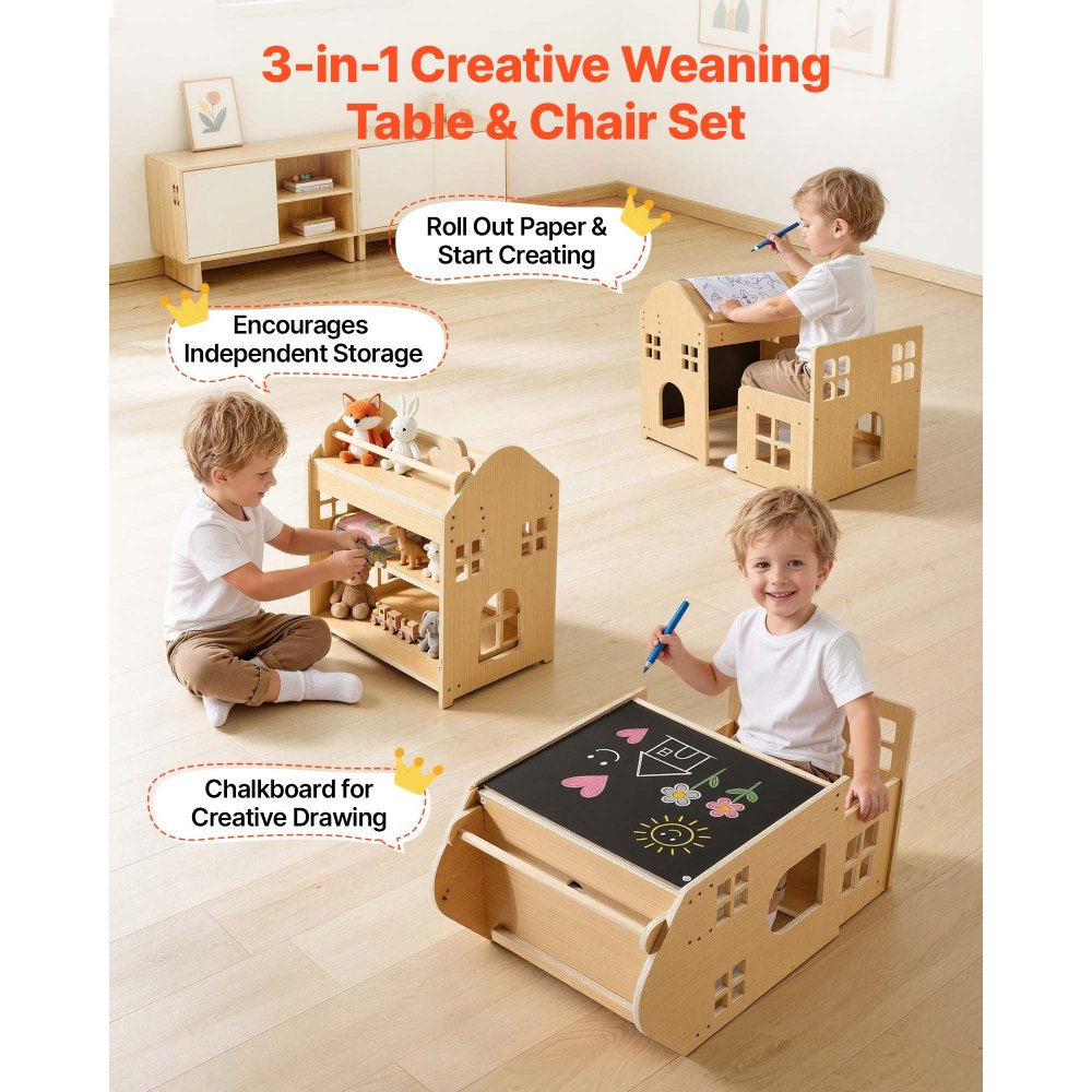 VEVOR Montessori Weaning Table and Chair Set, Wooden, 3 in 1 Kids Table and Chair Set for Toddlers 1-5, with Detachable