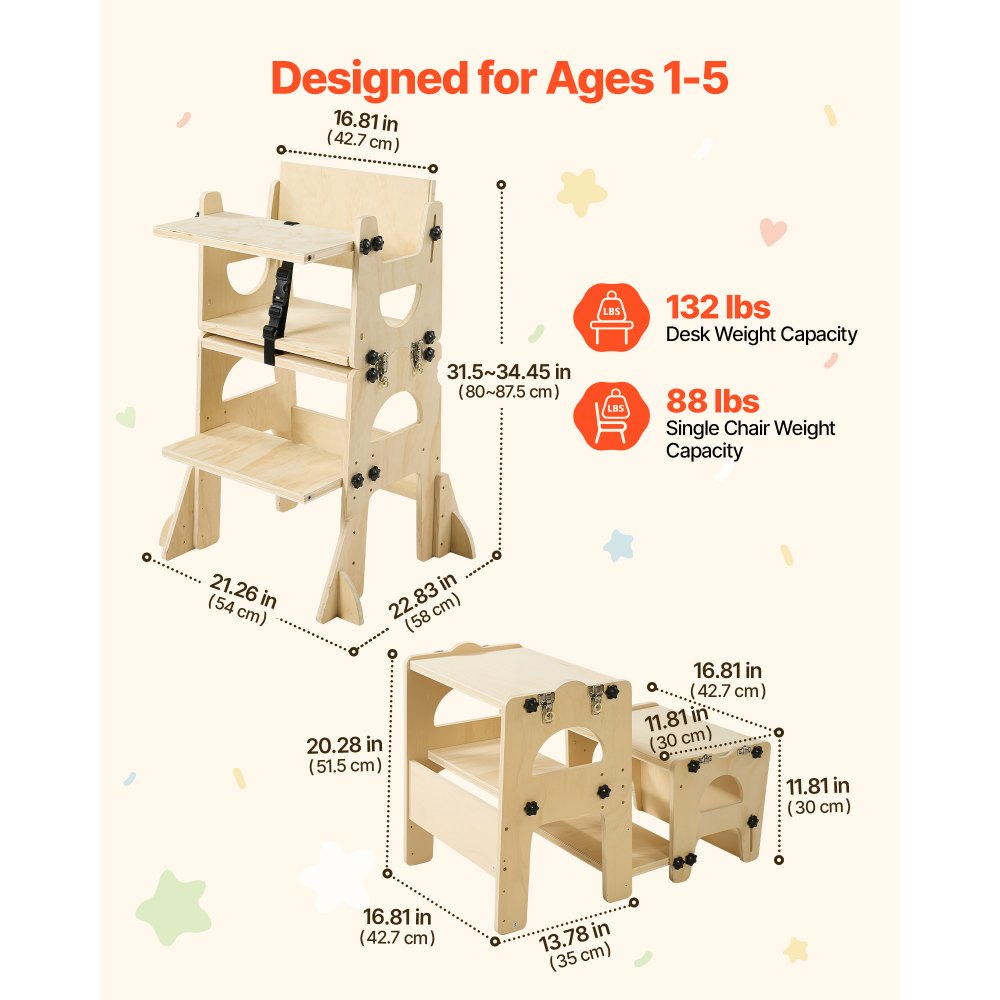 VEVOR Toddler Tower, Wooden, Adjustable Kitchen Step Stool for Kids 1-5, Montessori Weaning Table and Chair Set