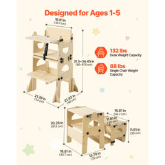 VEVOR Toddler Tower, Wooden, Adjustable Kitchen Step Stool for Kids 1-5, Montessori Weaning Table and Chair Set