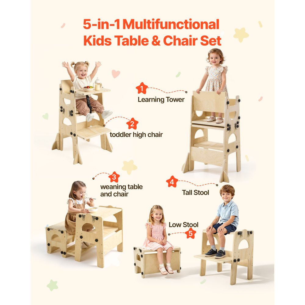 VEVOR Toddler Tower, Wooden, Adjustable Kitchen Step Stool for Kids 1-5, Montessori Weaning Table and Chair Set
