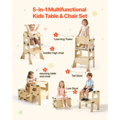VEVOR Toddler Tower, Wooden, Adjustable Kitchen Step Stool for Kids 1-5, Montessori Weaning Table and Chair Set
