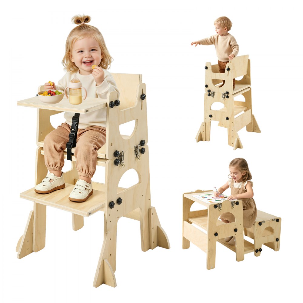 VEVOR Toddler Tower, Wooden, Adjustable Kitchen Step Stool for Kids 1-5, Montessori Weaning Table and Chair Set