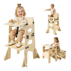 VEVOR Toddler Tower, Wooden, Adjustable Kitchen Step Stool for Kids 1-5, Montessori Weaning Table and Chair Set