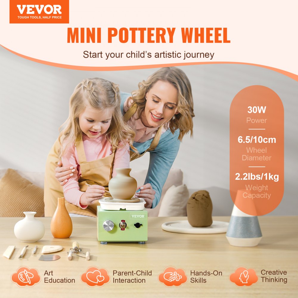 VEVOR Mini Pottery Wheel, 0-320RPM Adjustable Speed Detachable Basin Forming Machine, 2.56in/3.94in 2 Turntables