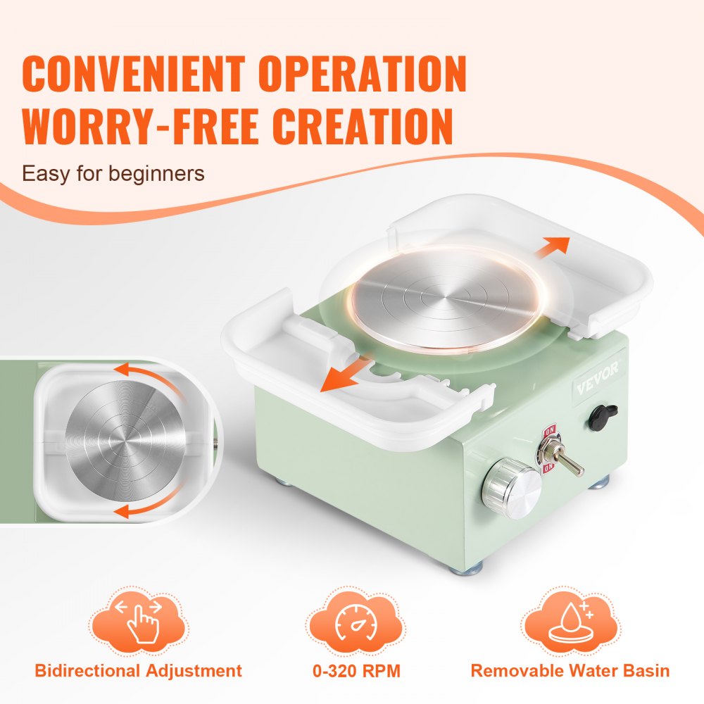 VEVOR Mini Pottery Wheel, 0-320RPM Adjustable Speed Detachable Basin Forming Machine, 2.56in/3.94in 2 Turntables