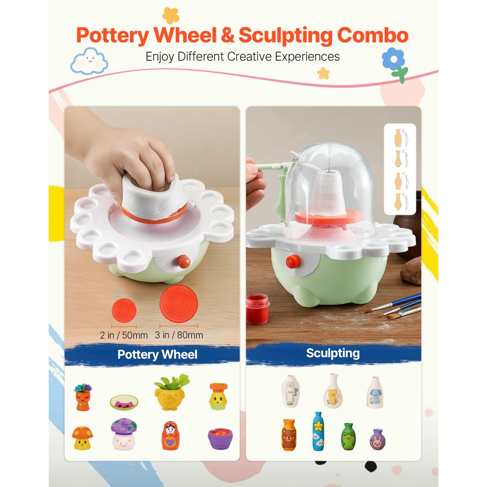 VEVOR Mini Pottery Wheel, 2 in and 3 in Turntables, Adjustable Speed, Electric Clay Wheel for Kids and Beginners
