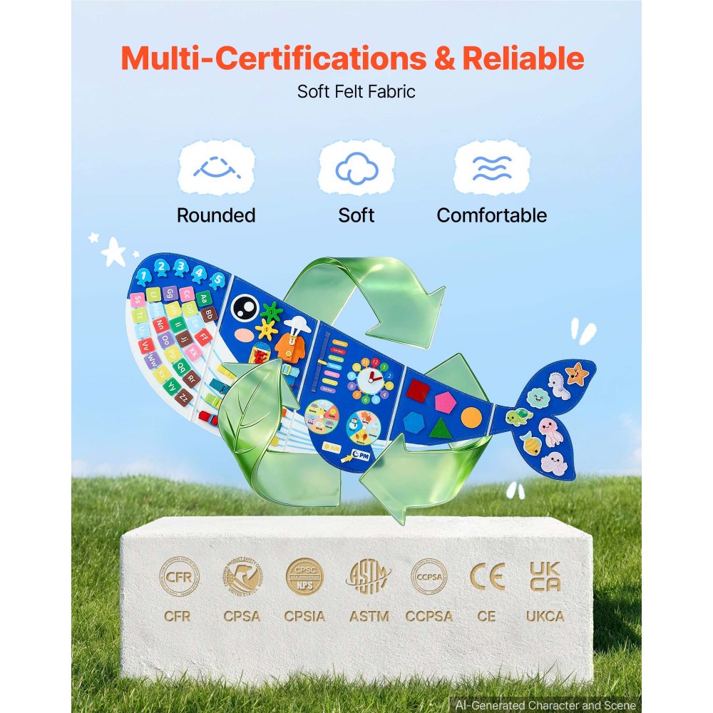 VEVOR Felt Wall Busy Board 12-in-1 Whale Foldable Montessori Activity Toys, Travel Daycare, Classroom, Playroom, Home