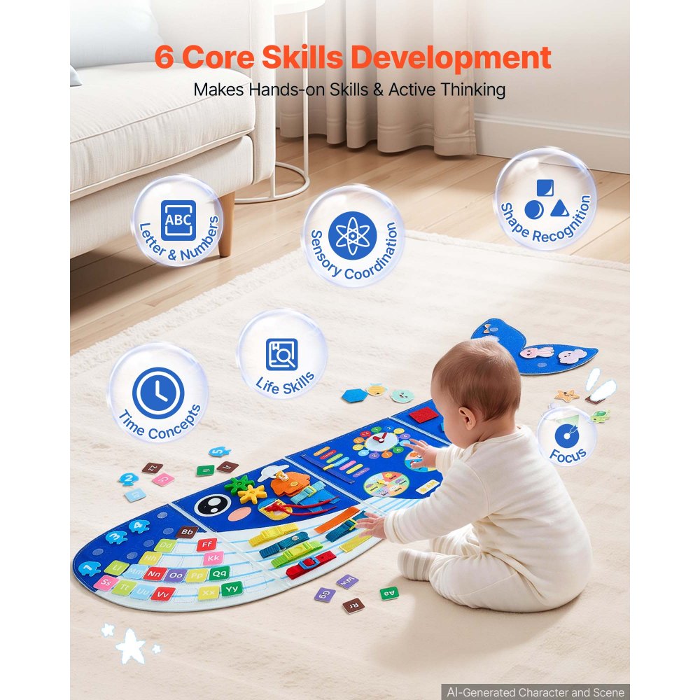 VEVOR Felt Wall Busy Board 12-in-1 Whale Foldable Montessori Activity Toys, Travel Daycare, Classroom, Playroom, Home