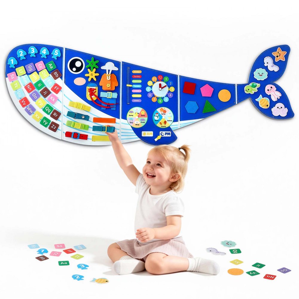 VEVOR Felt Wall Busy Board 12-in-1 Whale Foldable Montessori Activity Toys, Travel Daycare, Classroom, Playroom, Home
