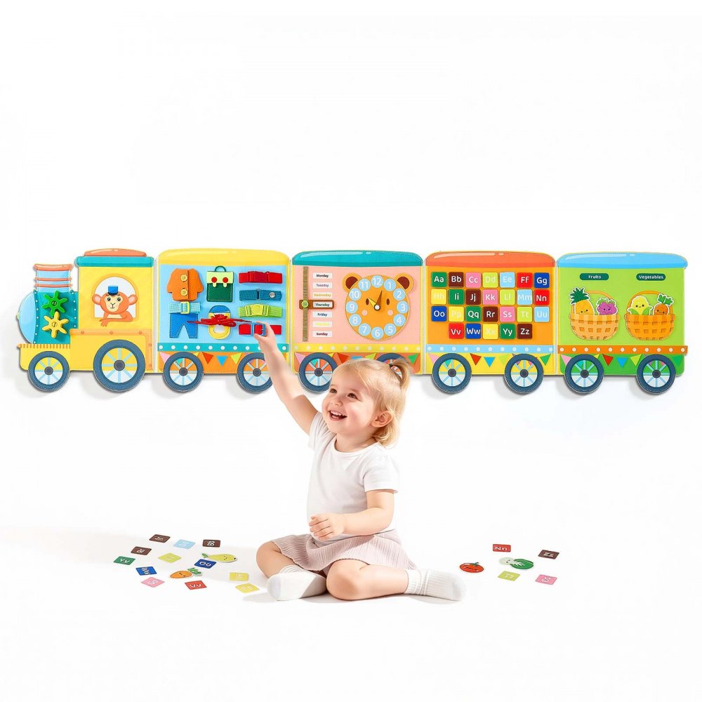 VEVOR Felt Wall Busy Board, 14-in-1 Train Foldable Montessori Activity Toys, Travel Daycare, Classroom, Playroom, Home
