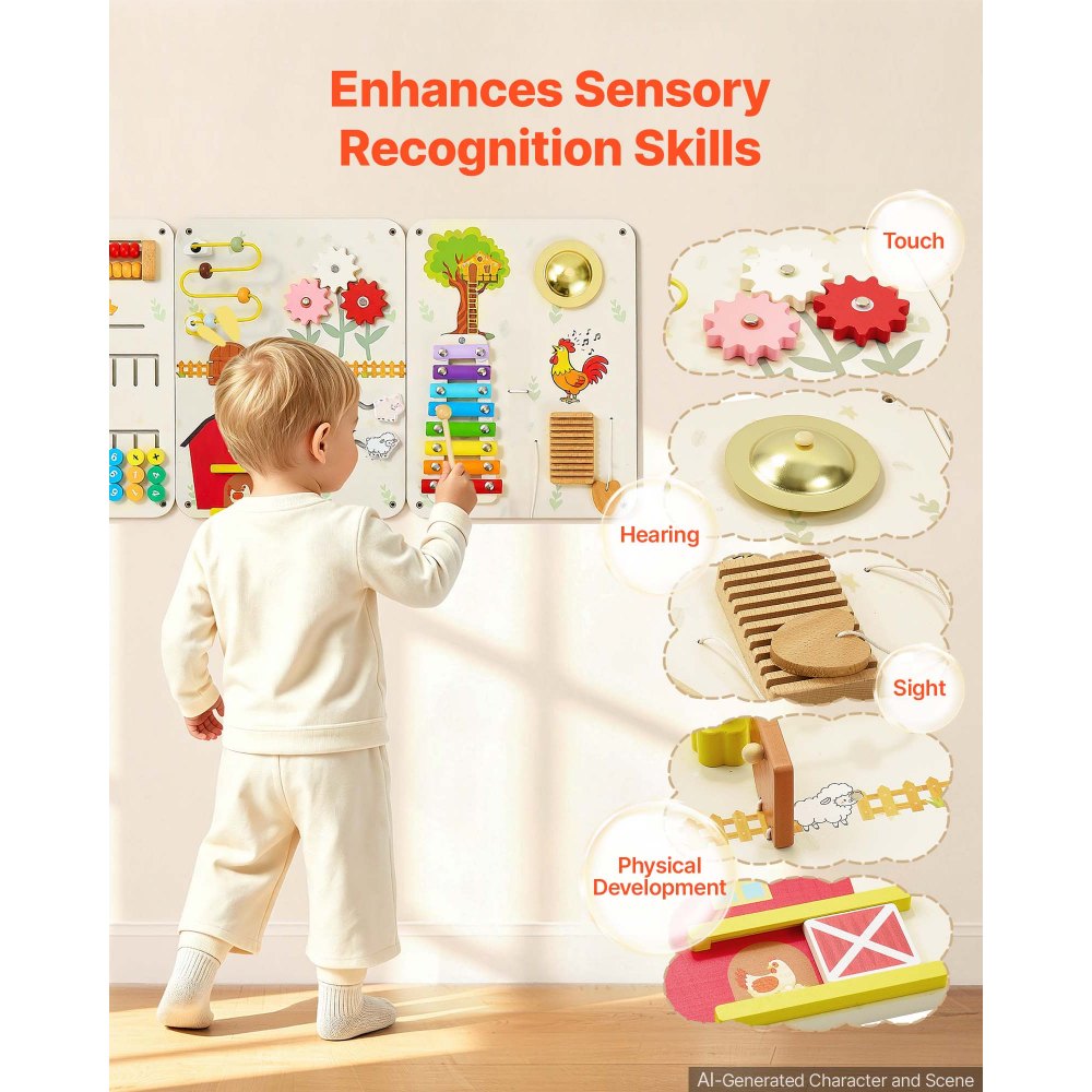 VEVOR Wall Busy Board, 16-in-1 5 Panels Montessori Sensory Activity Panels, Learning Activity Center for Daycare