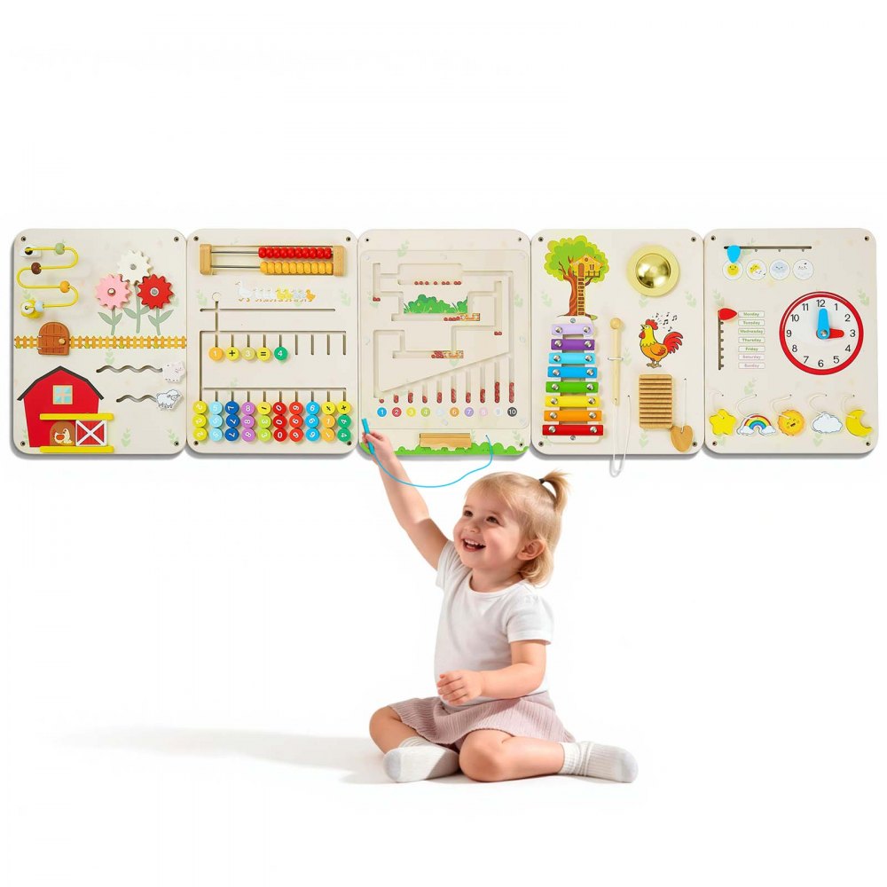 VEVOR Wall Busy Board, 16-in-1 5 Panels Montessori Sensory Activity Panels, Learning Activity Center for Daycare