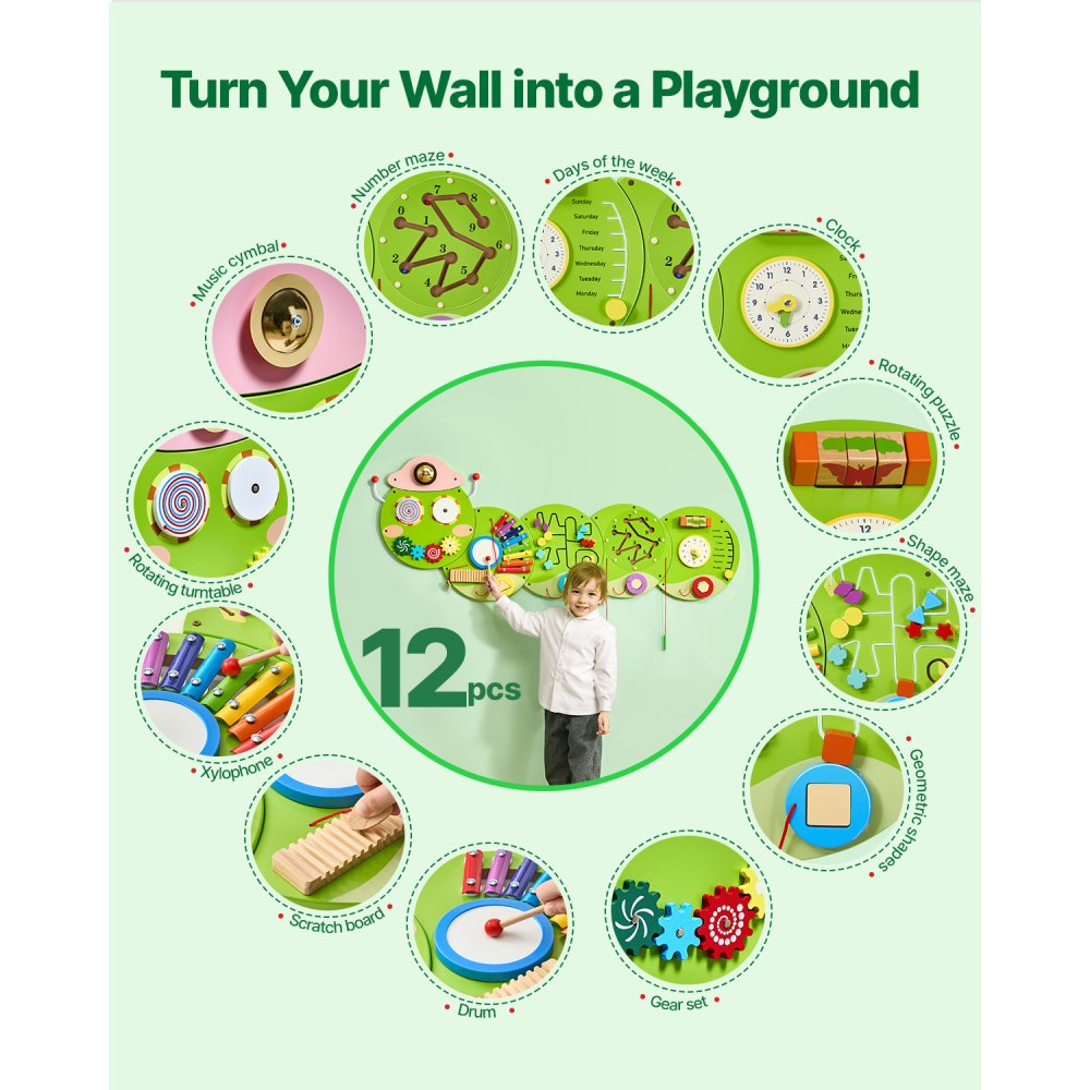 VEVOR Caterpillar Activity Wall Busy Board Panels, 12 Activities, Montessori Sensory Wall Toy for Kids 3-12 Years